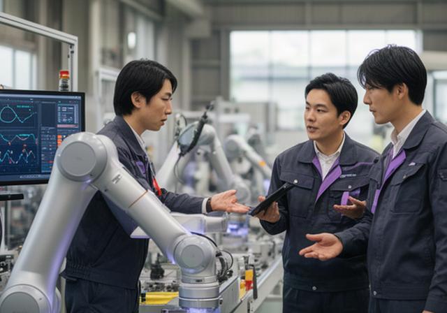北海道の製造現場でスタッフがロボット操作とデータ確認を学ぶ様子