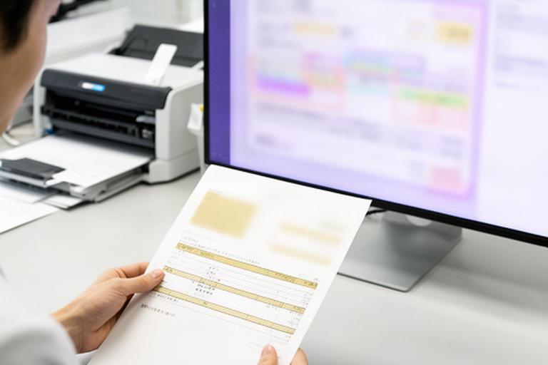 事務担当者が請求書の帳票画像とAI読み取り結果を画面で照合している様子