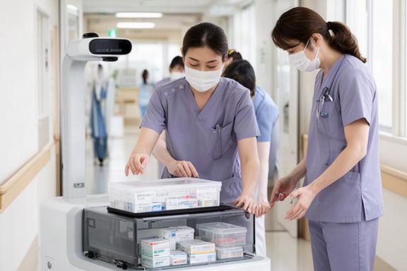 オホーツク圏の総合病院で薬剤と検体を搬送するロボットを確認する医療スタッフ