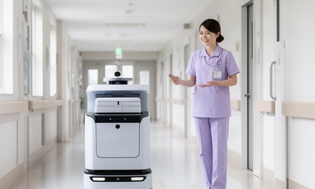 明るい地方病院の廊下を走る搬送ロボットと見送る看護師