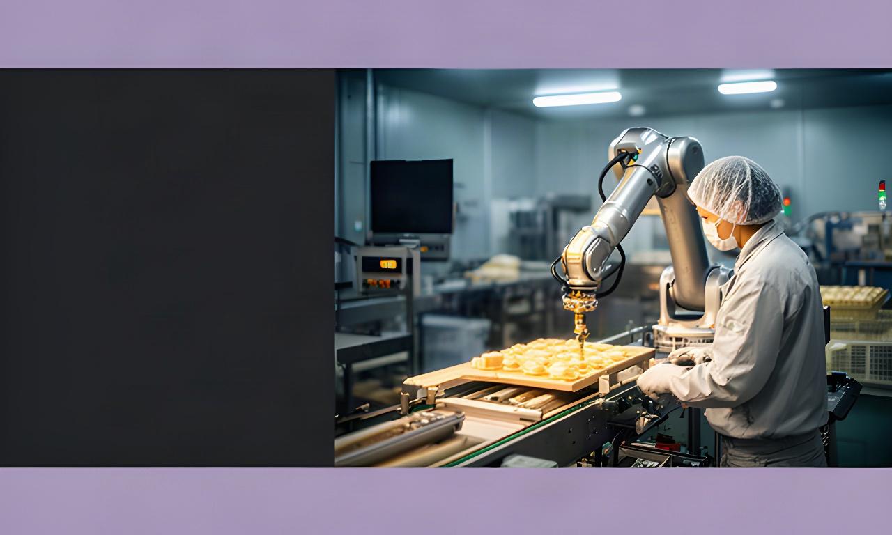 北見市の食品加工現場でロボットアームと作業員が生産ラインを確認する様子