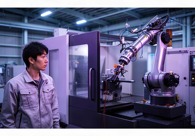 北海道の製造工場で産業用ロボットと工作機械を監視する技術者