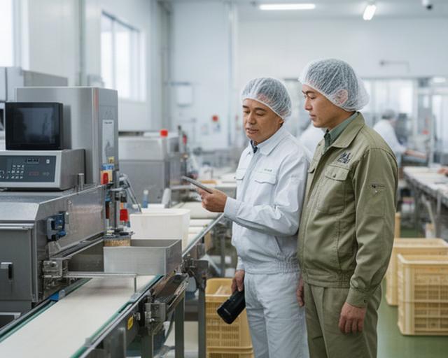 北見市の食品加工施設を担当者が訪問し設備と作業動線を確認している様子