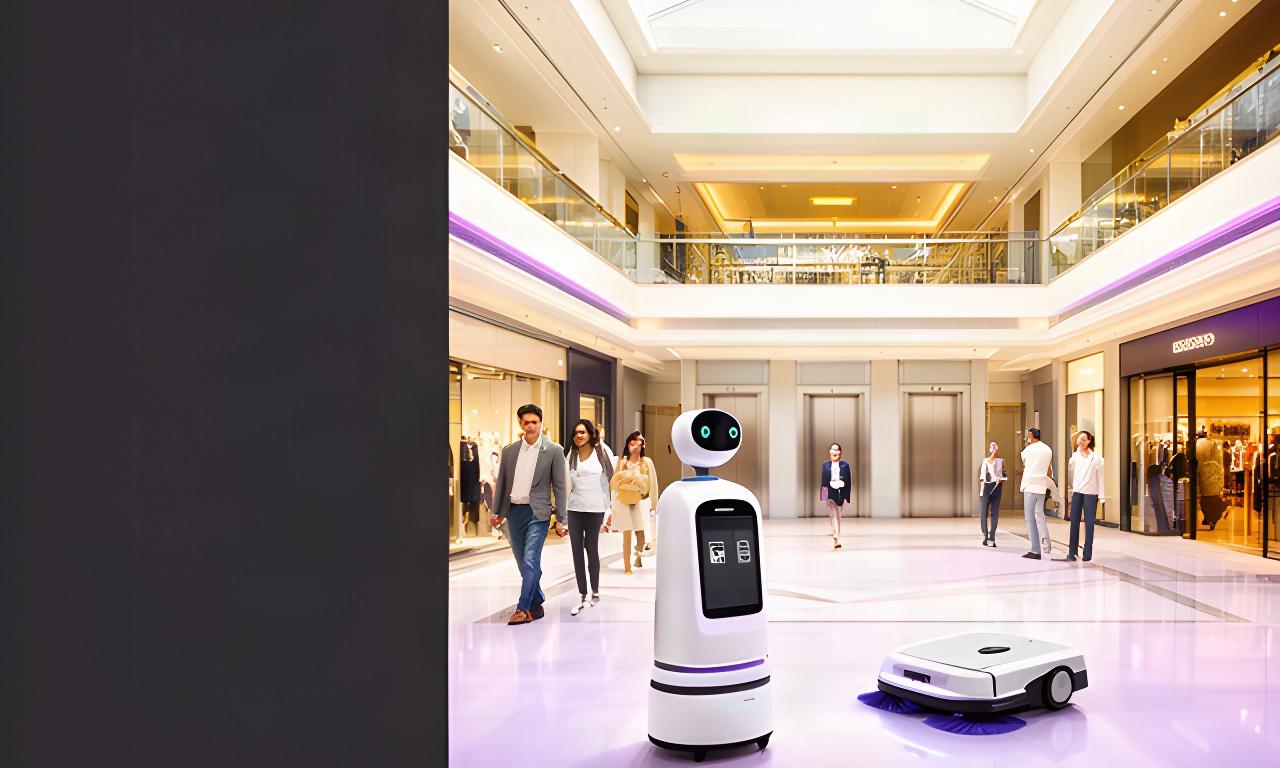 商業施設の吹き抜けで案内ロボットと清掃ロボットが稼働する明るい館内