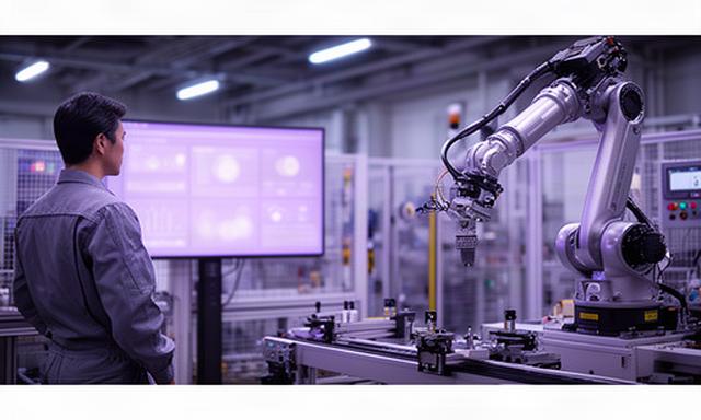 製造現場で稼働する産業用ロボットと管理画面を確認する担当者