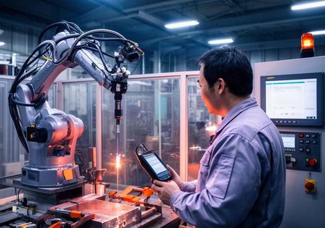 北見市の金属加工工場で溶接ロボットの動作と電流値を確認する作業員