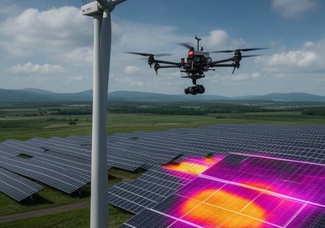 北海道の風力発電設備を点検するドローンと太陽光パネルの熱画像解析